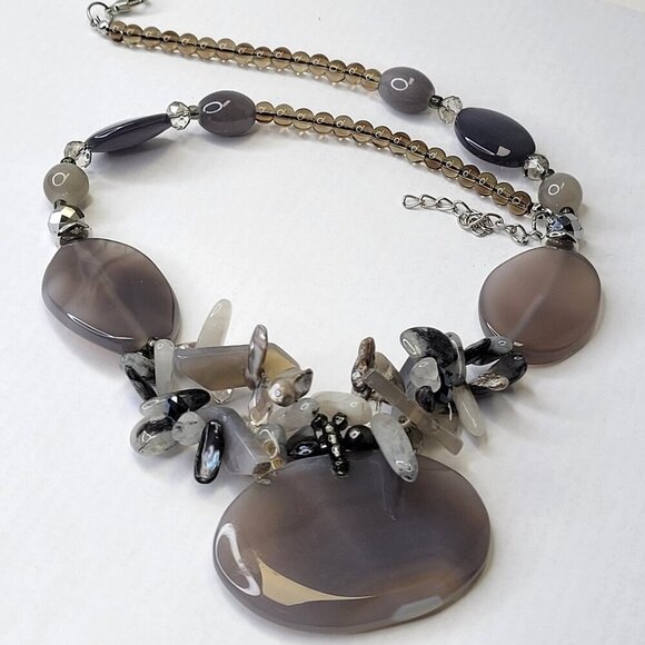 Chunky Grey Necklace,  Smoky Grey Agate Inspired Fashion Shell Chips Necklace - Picture 1 of 14